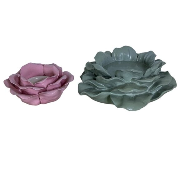 Artisan Ceramic Floral Candle Holders Green Pink Vintage Set of 2 NWOT - Picture 7 of 15